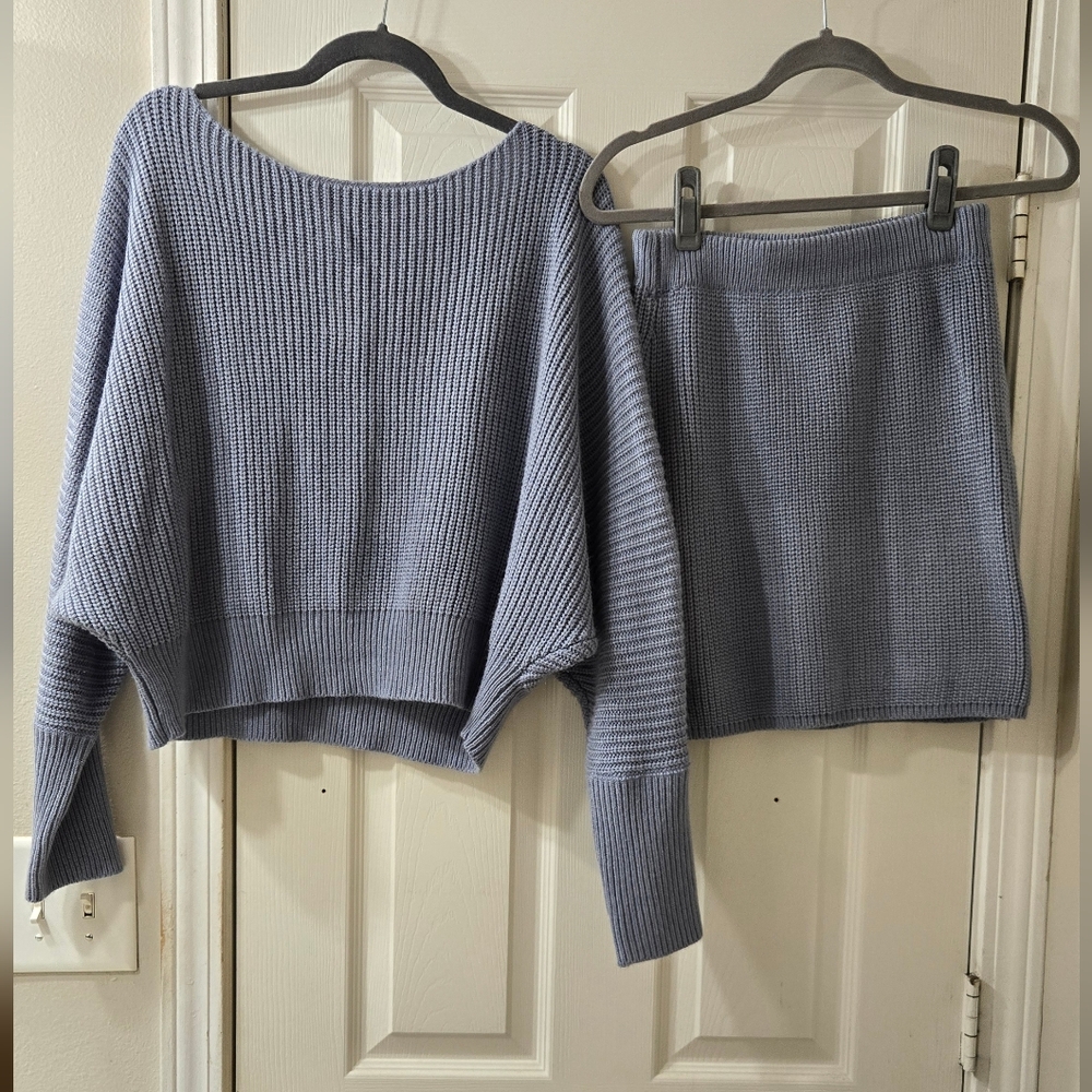 Women's Knit Skirt Set - Dusty Blue Sweater & Mini Skirt